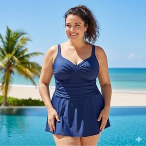 NWT 24W Women's Liz Claiborne "KINGSTON" Blue Navy Swim Suit Dress One Piece